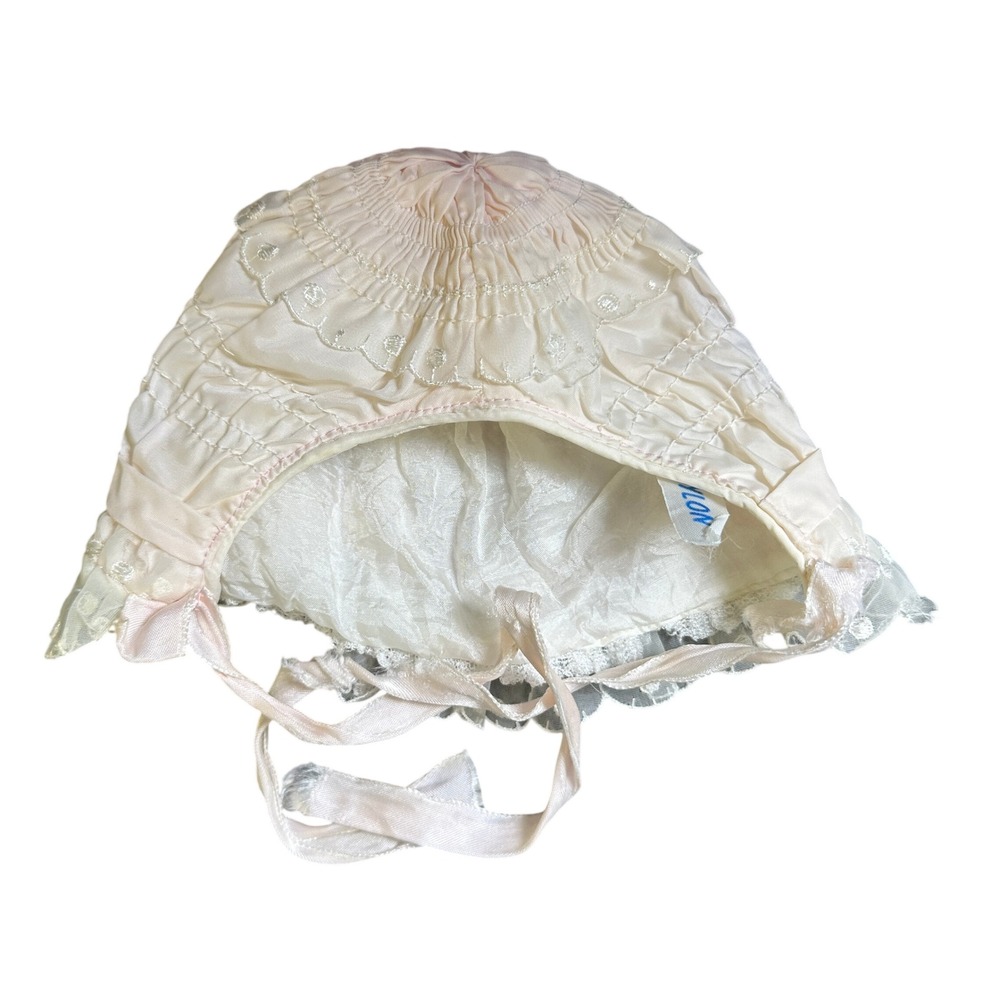 Vintage Baby Bonnet Pale Pink Smocked Lace Trim Christening Cap Nylon